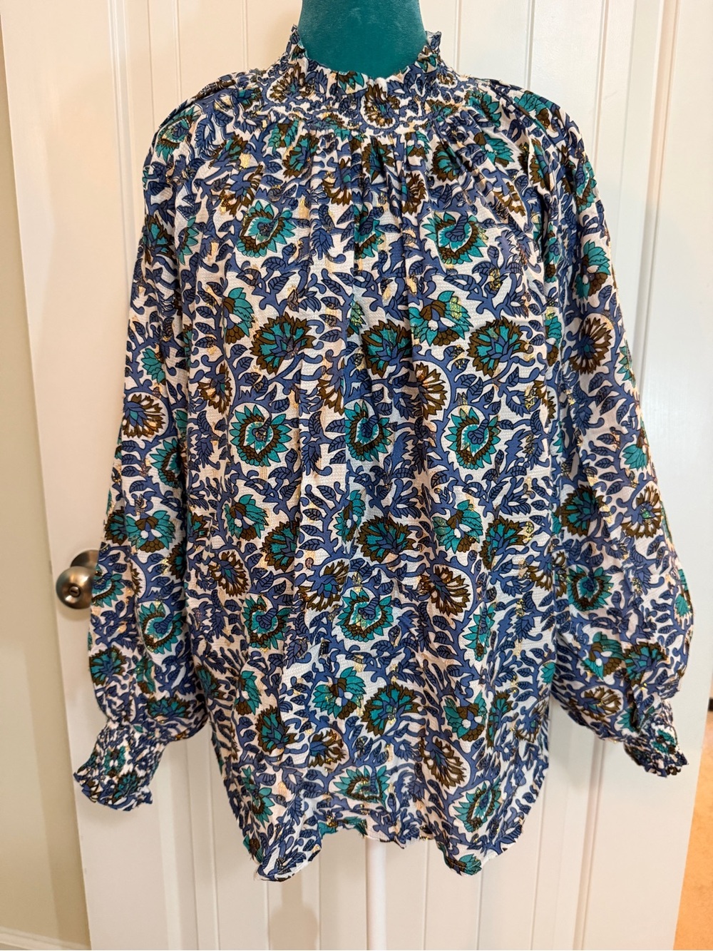 Oliphant Floral Smocked Neck Blouse in Navy, Teal, White, Gold Thread Sz M